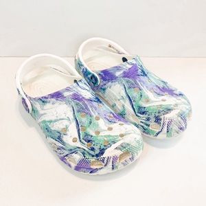 Crocs White Orchid Purple Teal White Tie Dye Classic Slip On Clogs Size 8 women
